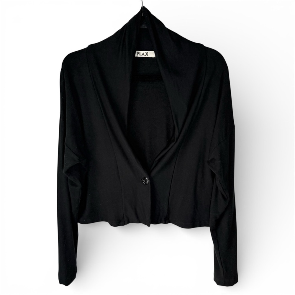 FLAX Cropped Black Cardigan Medium Jersey Feeling One Button Lagenlook USA